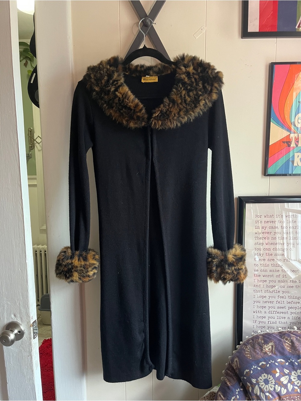 1990s Vintage Blue Asphalt Black Sweater Coat with Faux Fur Trim